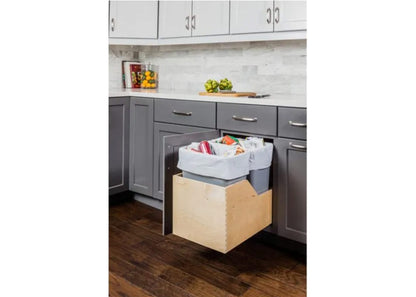 Double 35 Quart Wood Bottom-Mount Soft-close Trashcan Rollout for Hinged Doors, Includes Two Grey Cans